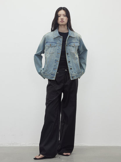 AFTADAWN Vintage Textured Pu Leather Wide Leg Trousers
