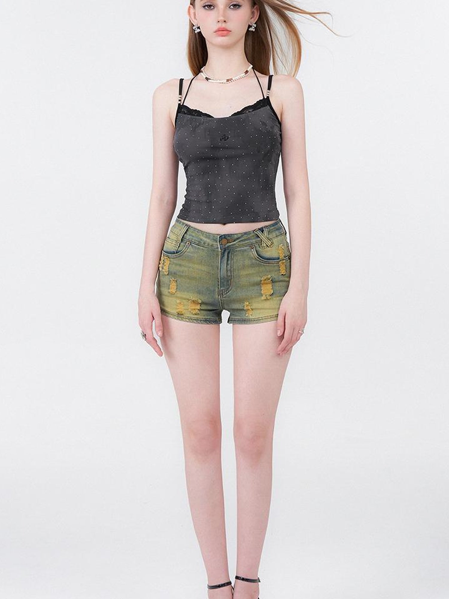AFTADAWN Vintage Tie Dye Lace Layered Rhinestone Bustier Top
