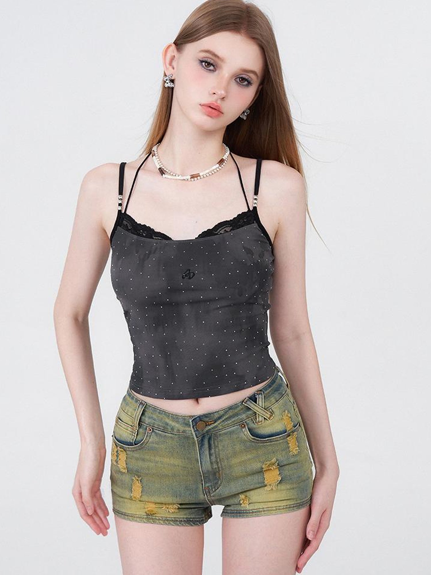 AFTADAWN Vintage Tie Dye Lace Layered Rhinestone Bustier Top