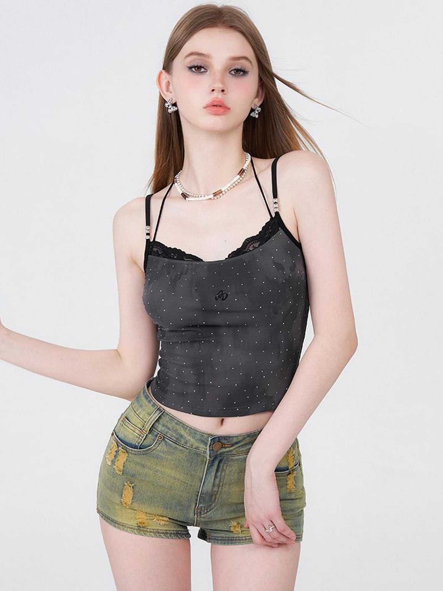 AFTADAWN Vintage Tie Dye Lace Layered Rhinestone Bustier Top