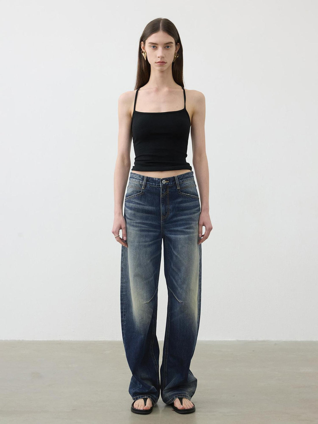 AFTADAWN Vintage Wash Blue Mid Low Waist Curved Hem Denim Pants