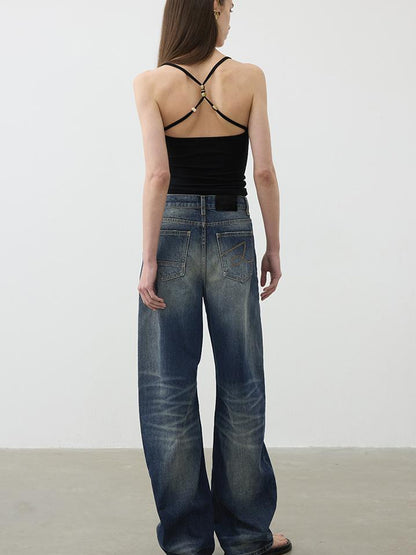 AFTADAWN Vintage Wash Blue Mid Low Waist Curved Hem Denim Pants