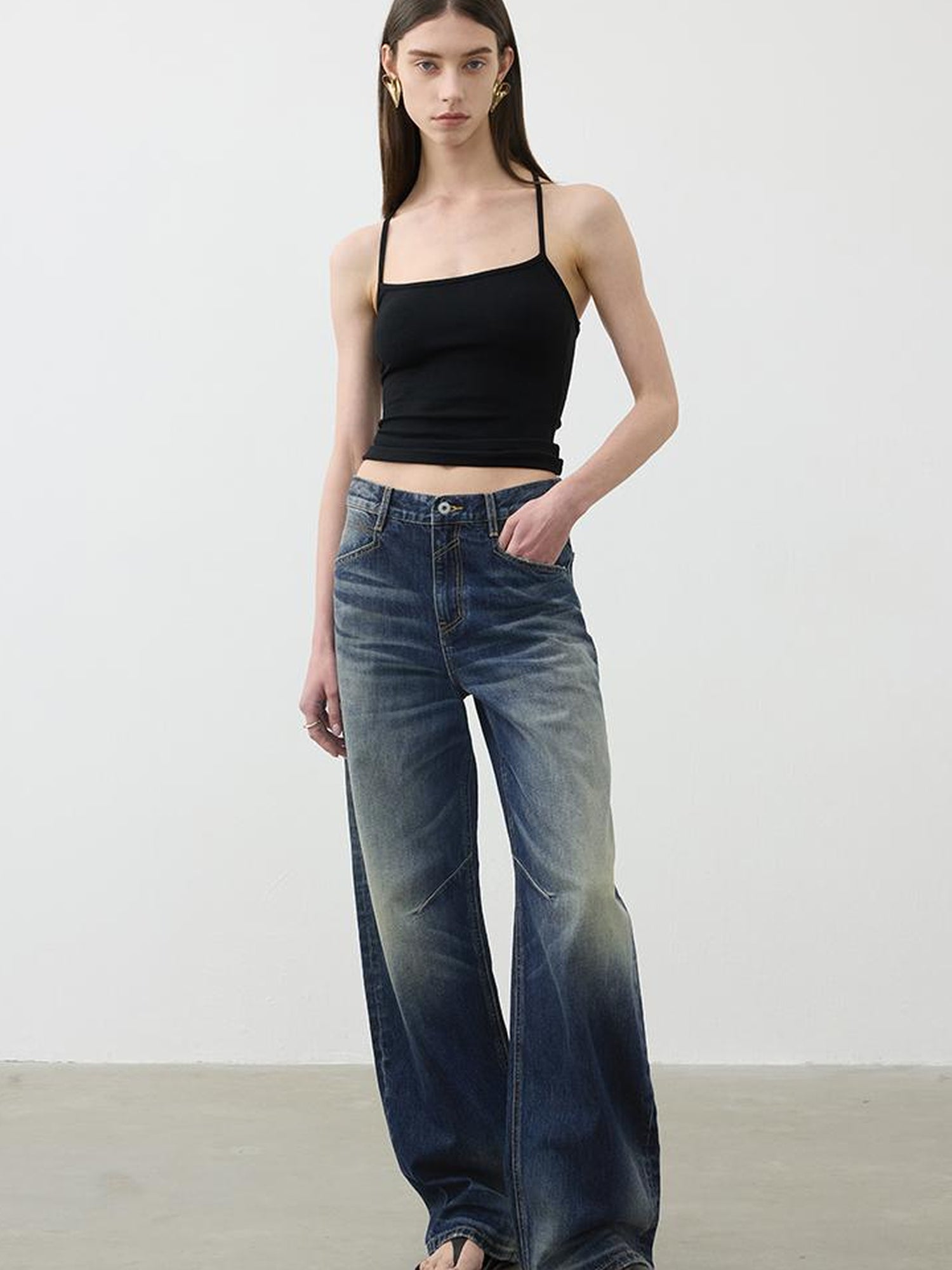 AFTADAWN Vintage Wash Blue Mid Low Waist Curved Hem Denim Pants