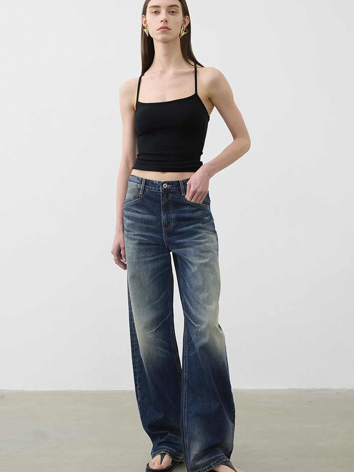 AFTADAWN Vintage Wash Blue Mid Low Waist Curved Hem Denim Pants