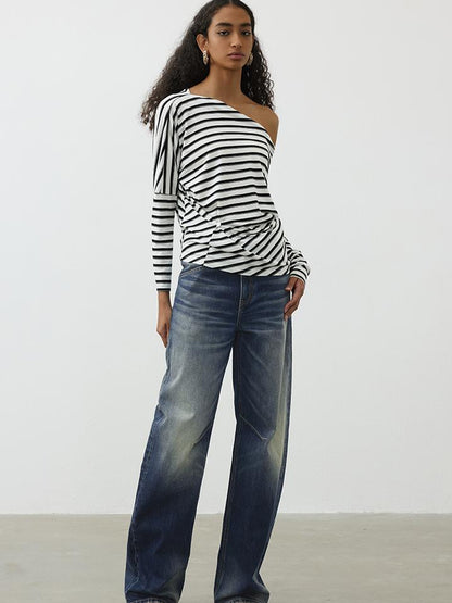 AFTADAWN Vintage Wash Blue Mid Low Waist Curved Hem Denim Pants