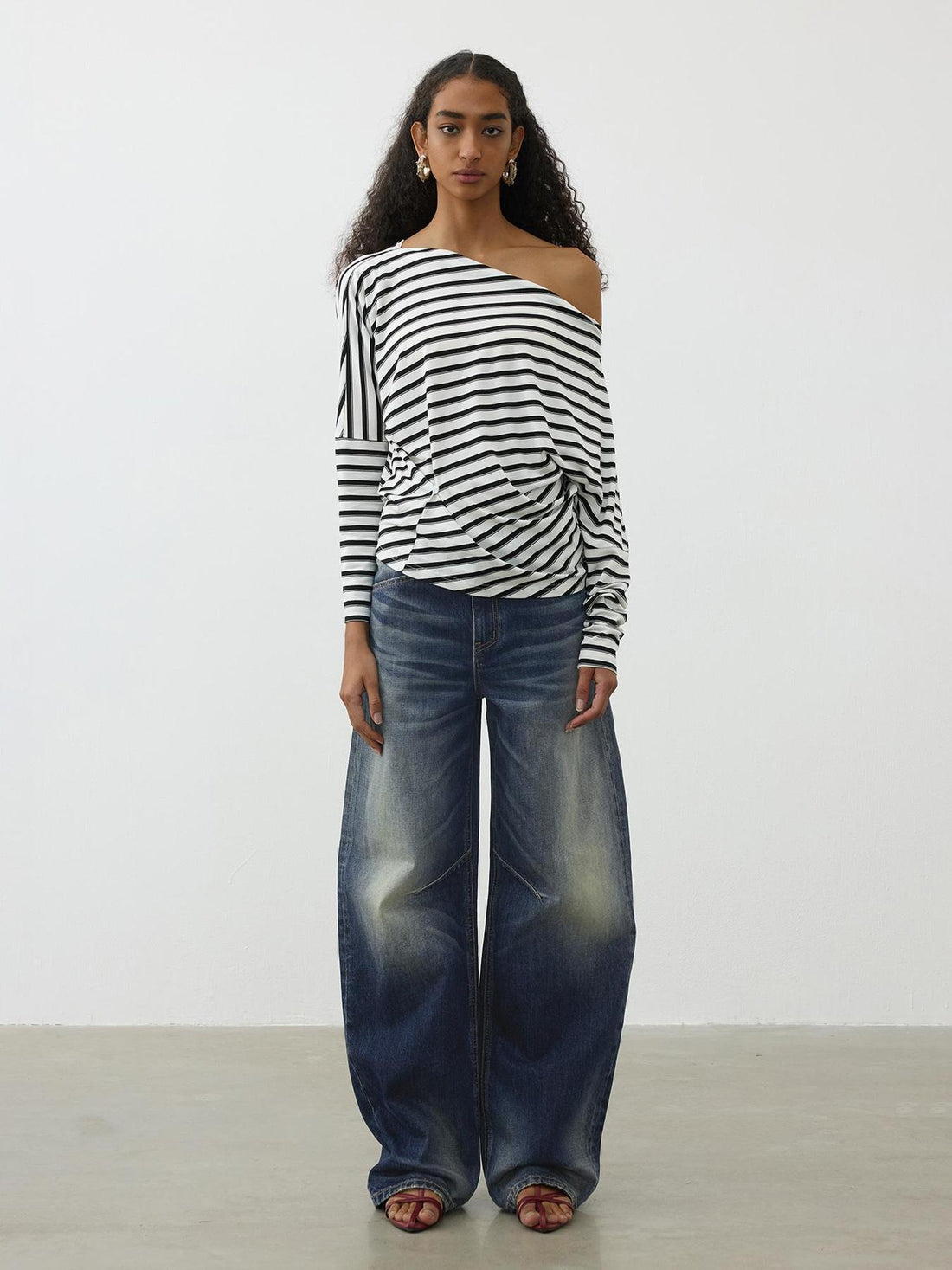 AFTADAWN Vintage Wash Blue Mid Low Waist Curved Hem Denim Pants