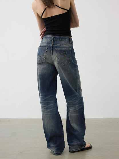 AFTADAWN Vintage Wash Blue Mid Low Waist Curved Hem Denim Pants