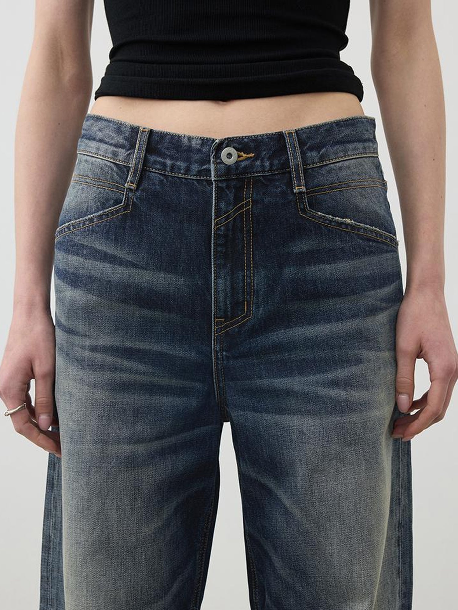 AFTADAWN Vintage Wash Blue Mid Low Waist Curved Hem Denim Pants