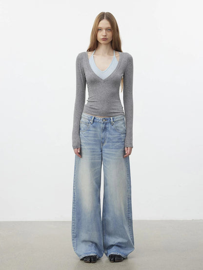 AFTADAWN Vintage Wash Blue Straight Leg Jeans Jeans