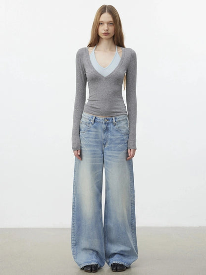 AFTADAWN Vintage Wash Blue Straight Leg Jeans Jeans