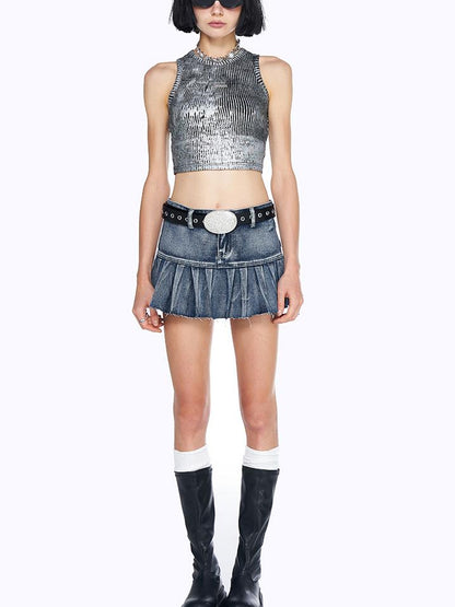 AFTADAWN Vintage Wash Denim Mini Skirt Pleated