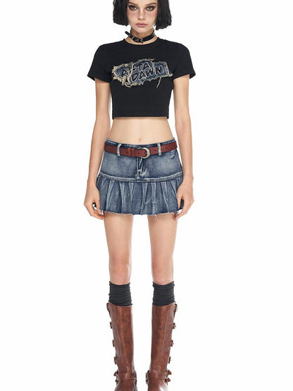 AFTADAWN Vintage Wash Denim Mini Skirt Pleated