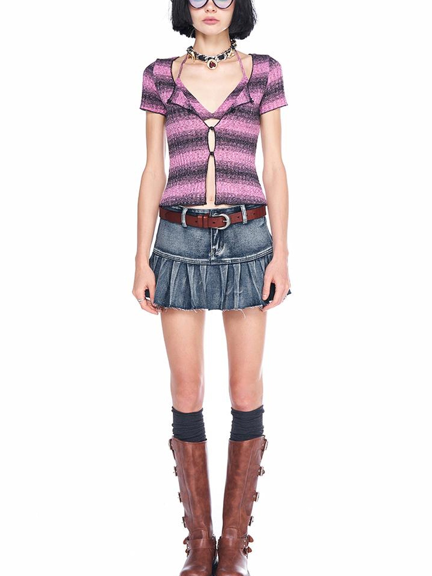 AFTADAWN Vintage Wash Denim Mini Skirt Pleated