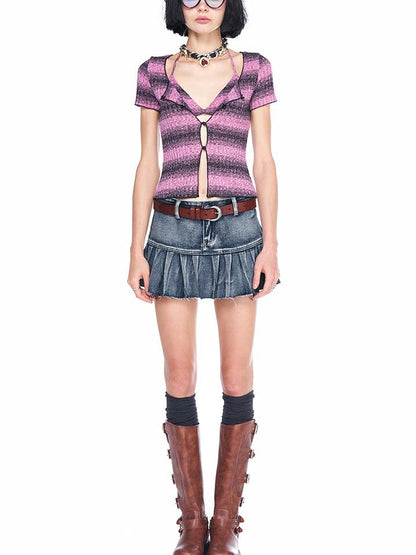 AFTADAWN Vintage Wash Denim Mini Skirt Pleated