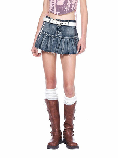 AFTADAWN Vintage Wash Denim Mini Skirt Pleated