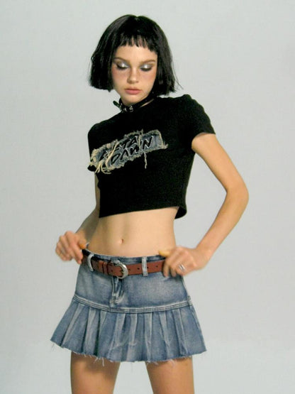 AFTADAWN Vintage Wash Denim Mini Skirt Pleated