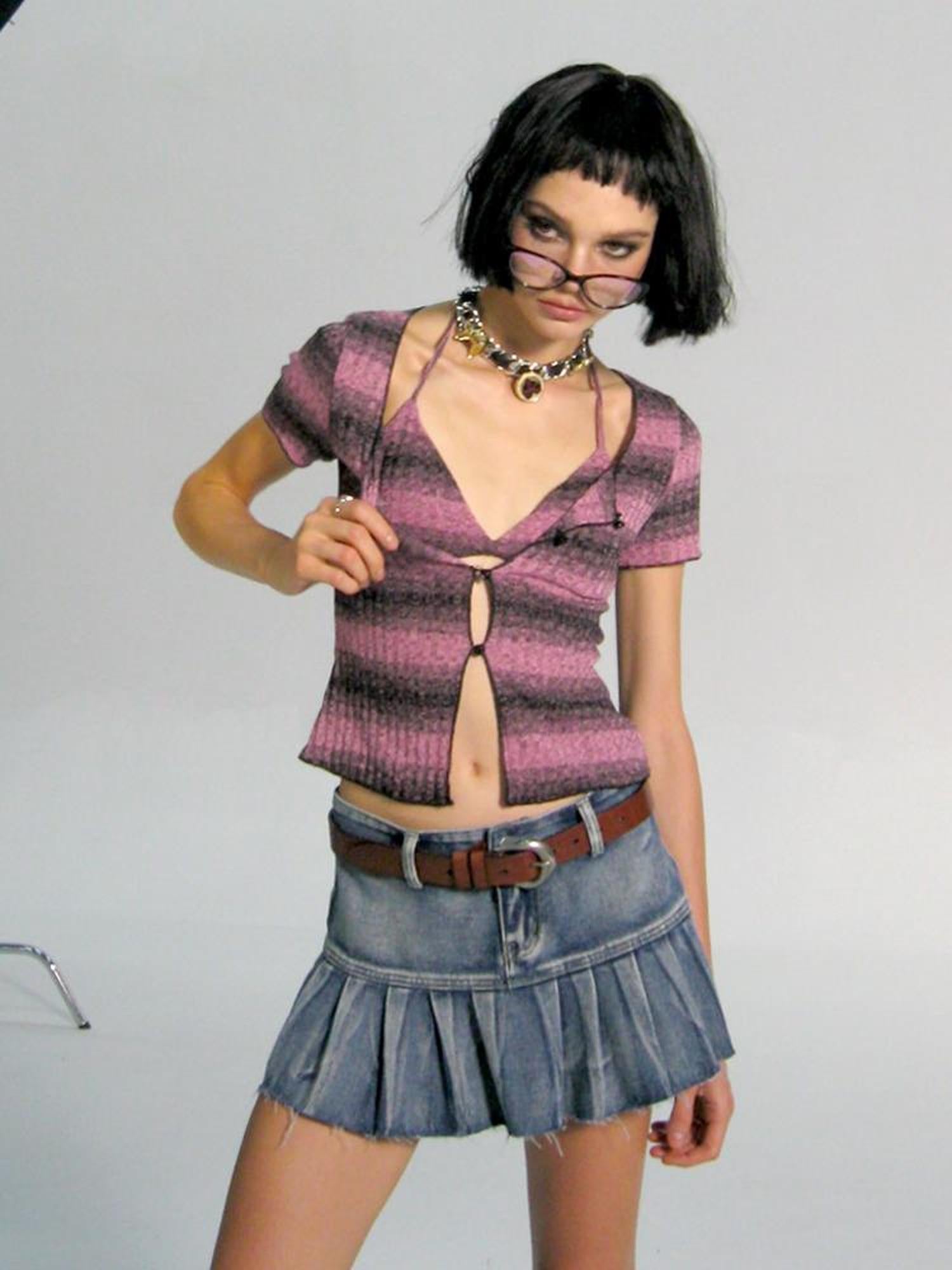 AFTADAWN Vintage Wash Denim Mini Skirt Pleated