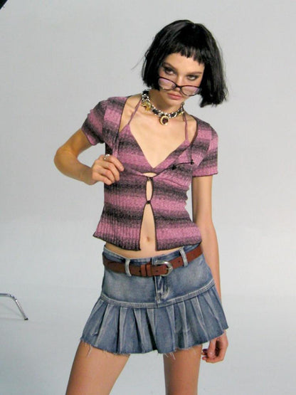 AFTADAWN Vintage Wash Denim Mini Skirt Pleated