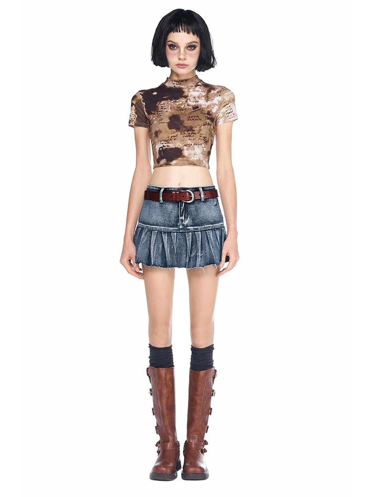 AFTADAWN Vintage Wash Denim Mini Skirt Pleated