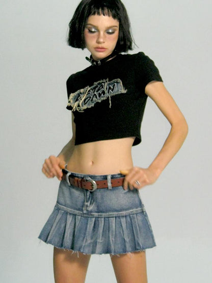 AFTADAWN Vintage Wash Denim Mini Skirt Pleated