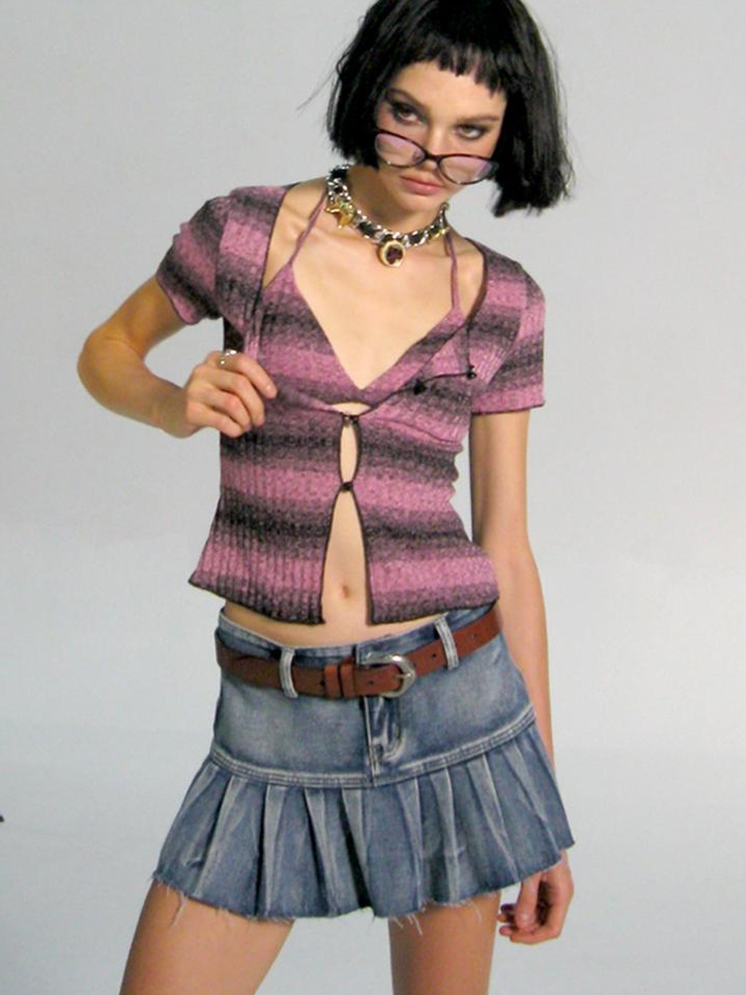 AFTADAWN Vintage Wash Denim Mini Skirt Pleated