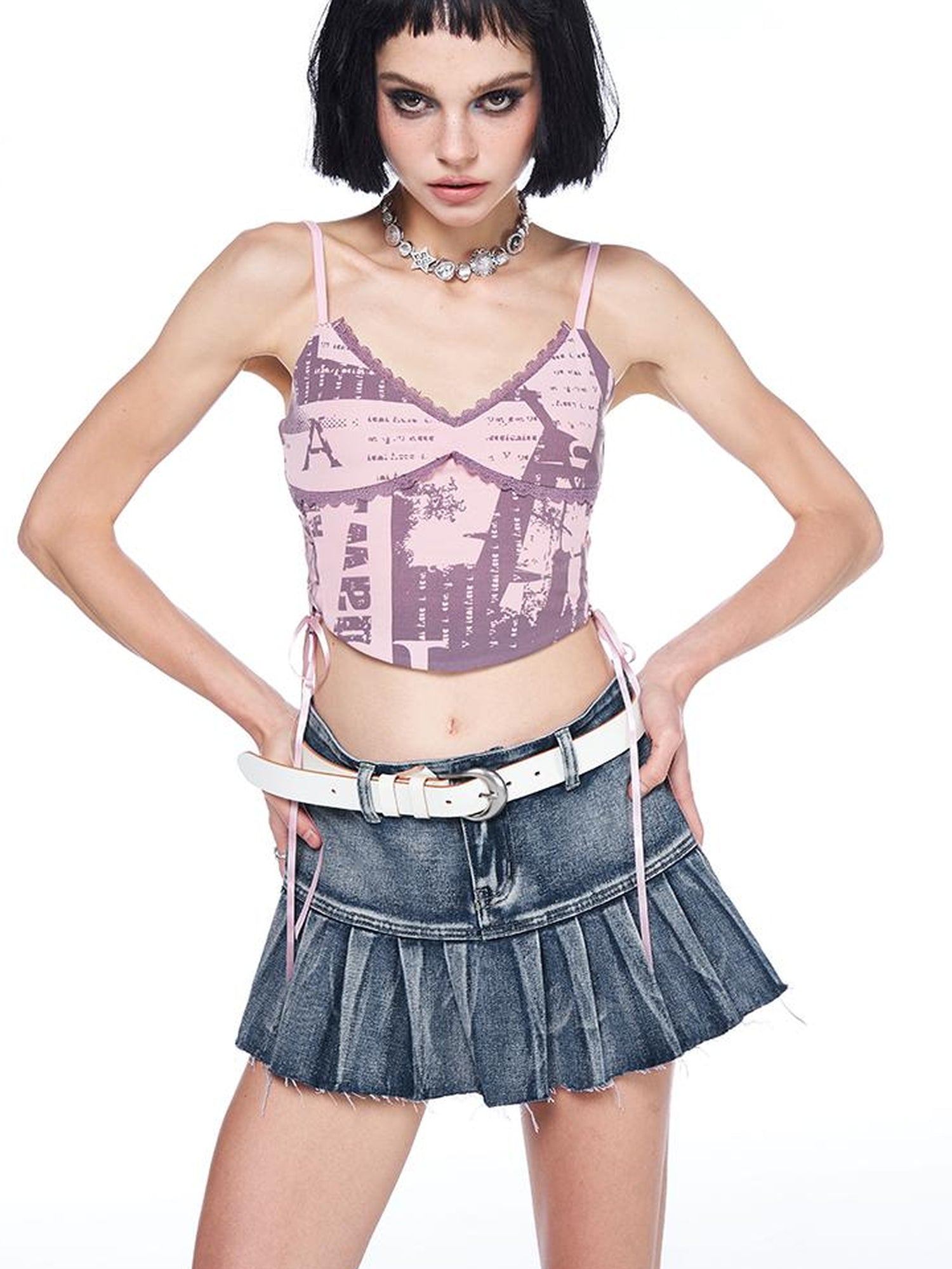 AFTADAWN Vintage Wash Denim Mini Skirt Pleated