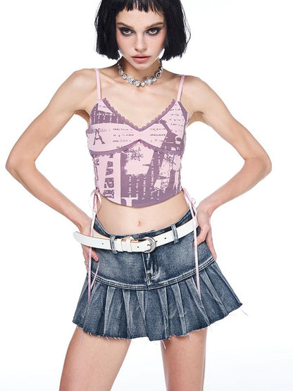 AFTADAWN Vintage Wash Denim Mini Skirt Pleated