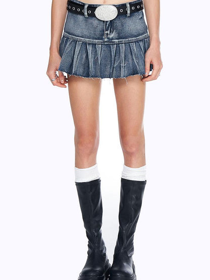 AFTADAWN Vintage Wash Denim Mini Skirt Pleated