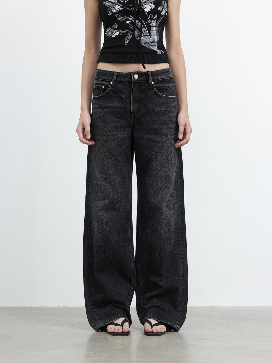 AFTADAWN Vintage Washed Black Wide Leg Denim Jeans