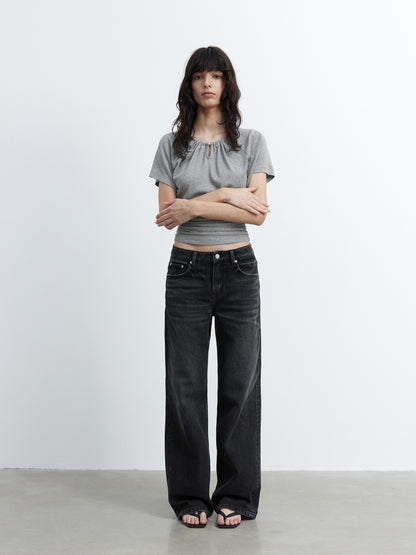 AFTADAWN Vintage Washed Black Wide Leg Denim Jeans