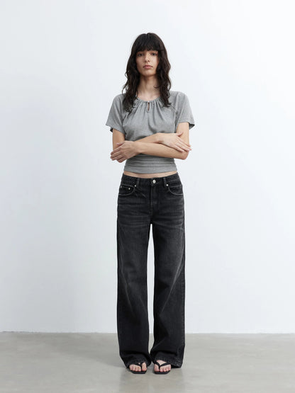 Vintage Washed Black Wide Leg Denim Jeans