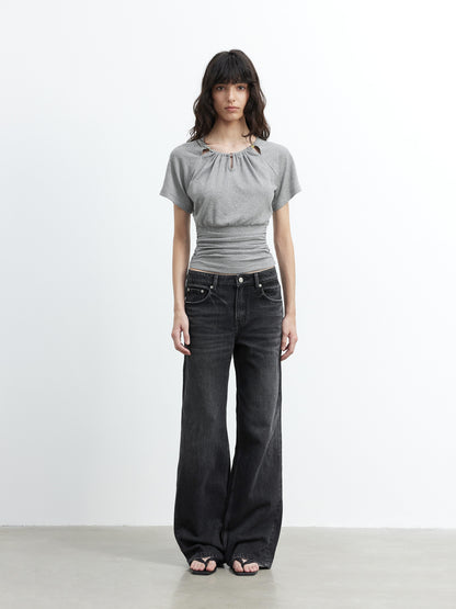 AFTADAWN Vintage Washed Black Wide Leg Denim Jeans