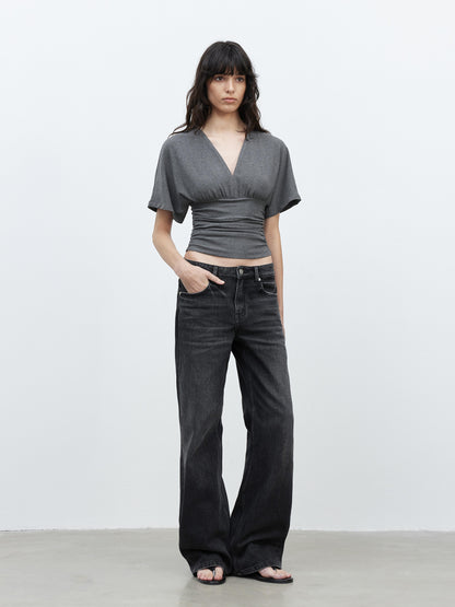 AFTADAWN Vintage Washed Black Wide Leg Denim Jeans