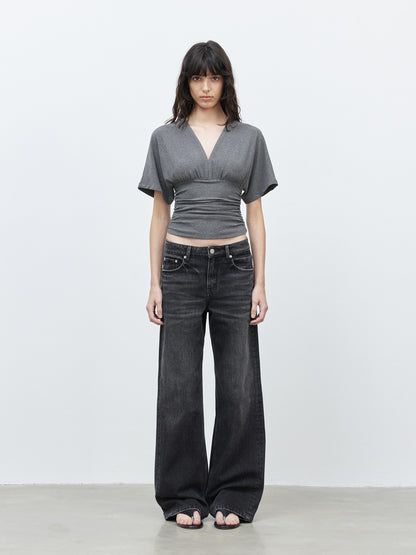 AFTADAWN Vintage Washed Black Wide Leg Denim Jeans