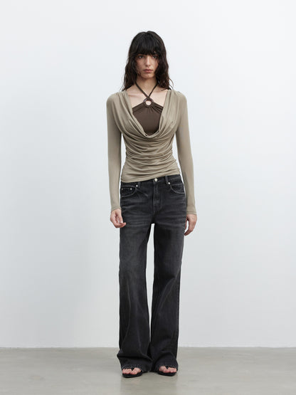 AFTADAWN Vintage Washed Black Wide Leg Denim Jeans