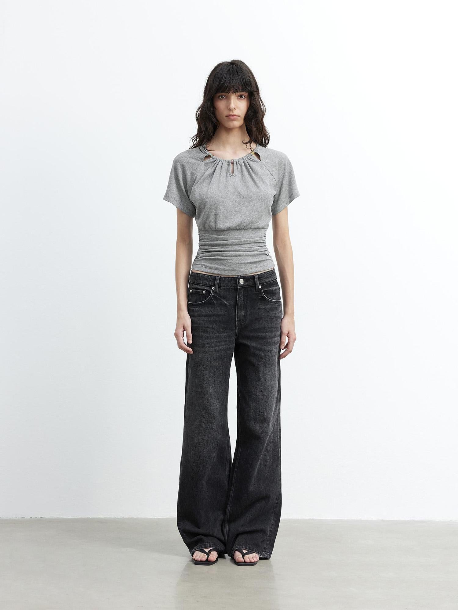 AFTADAWN Vintage Washed Black Wide Leg Denim Jeans