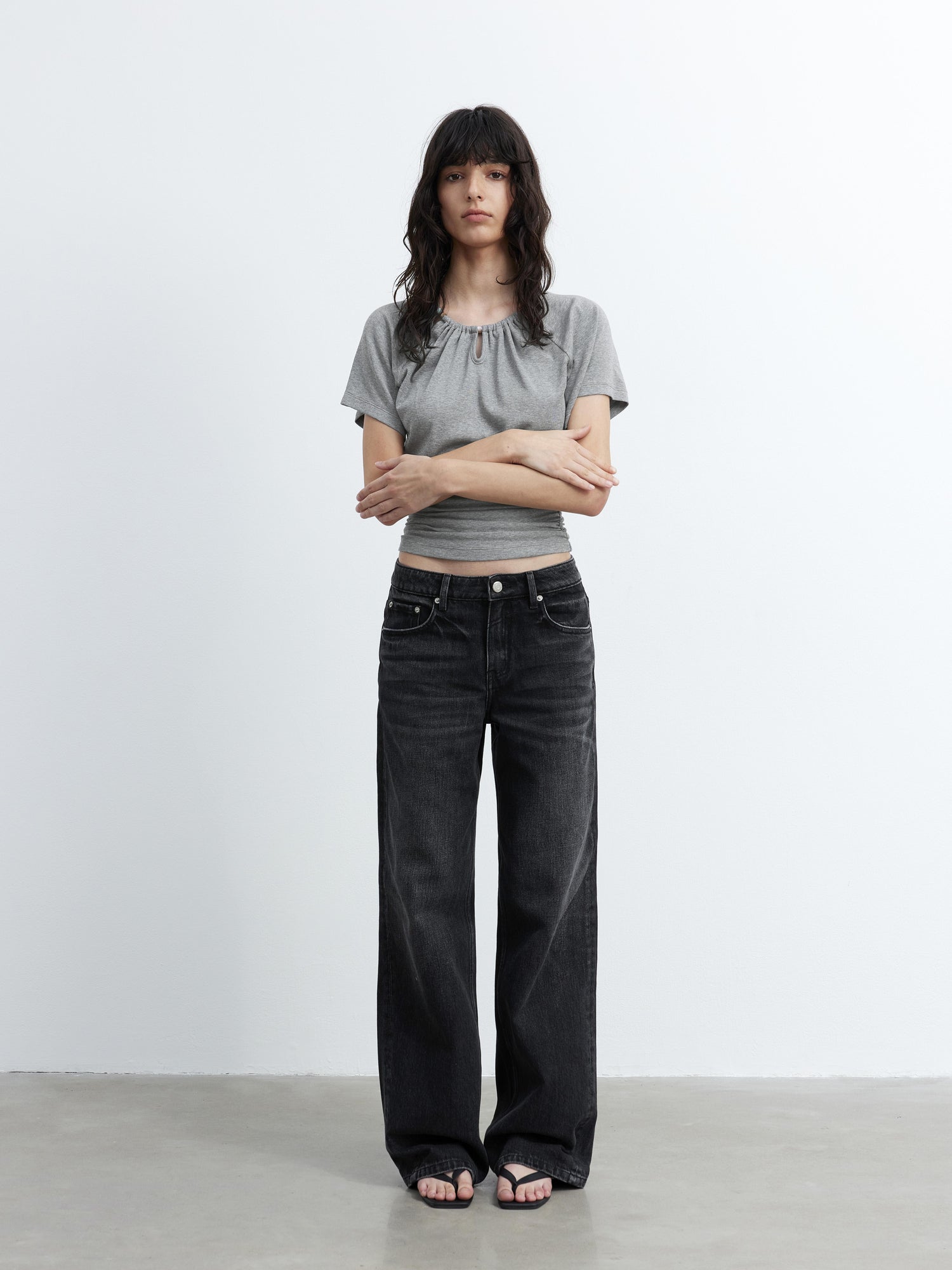 AFTADAWN Vintage Washed Black Wide Leg Denim Jeans