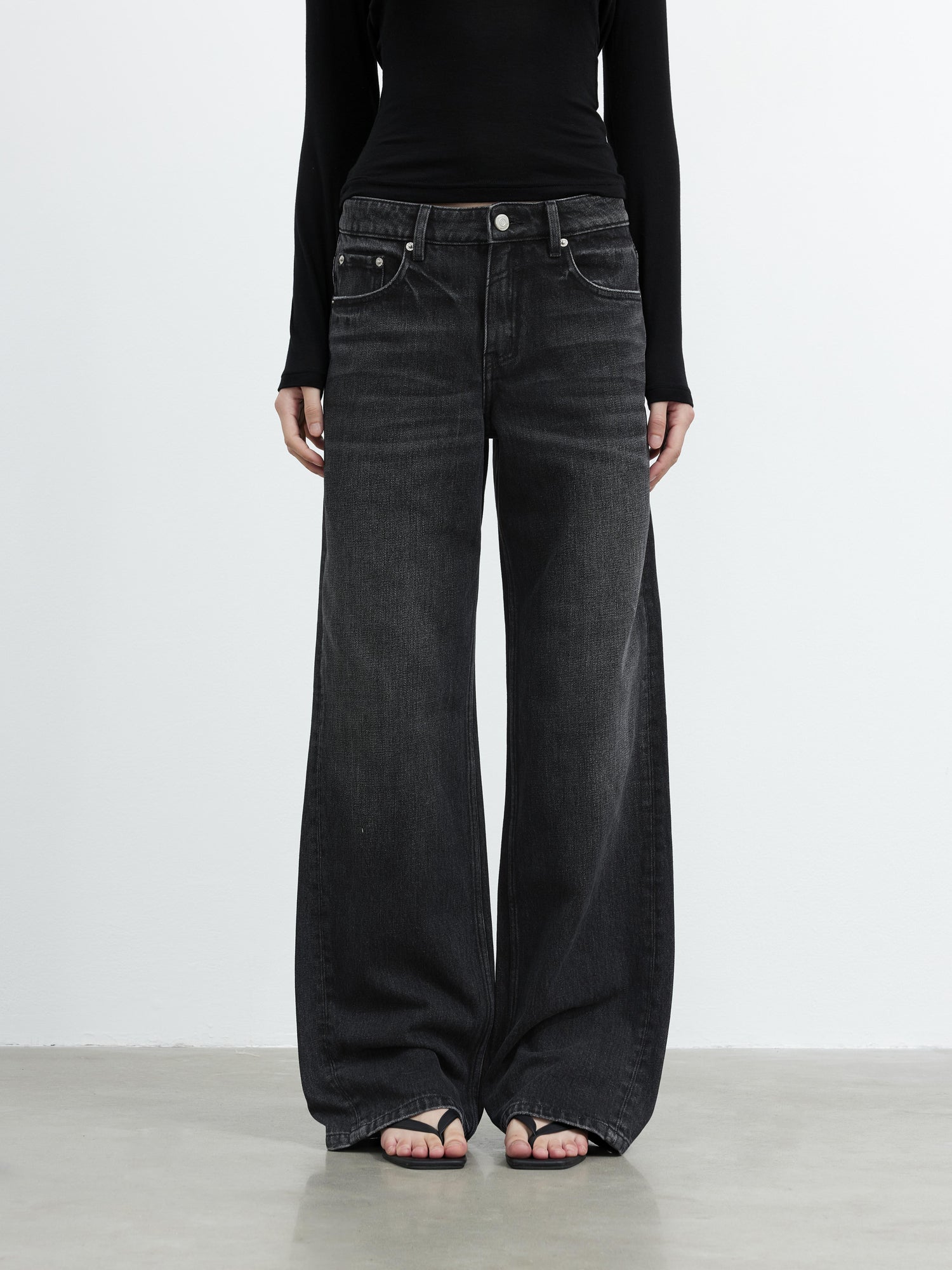 AFTADAWN Vintage Washed Black Wide Leg Denim Jeans