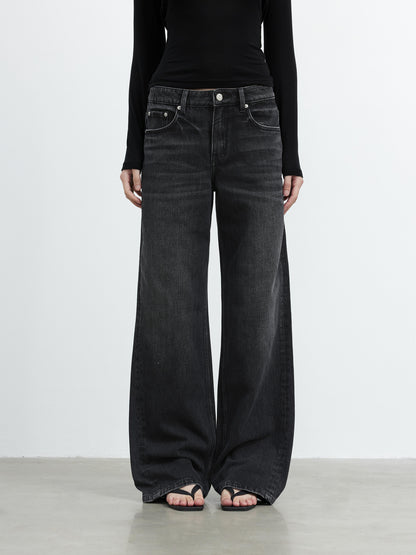 AFTADAWN Vintage Washed Black Wide Leg Denim Jeans
