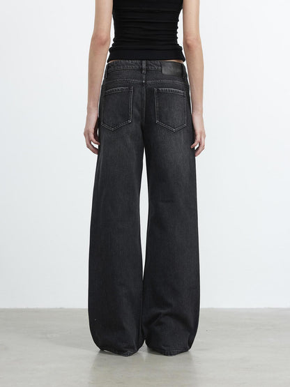 AFTADAWN Vintage Washed Black Wide Leg Denim Jeans