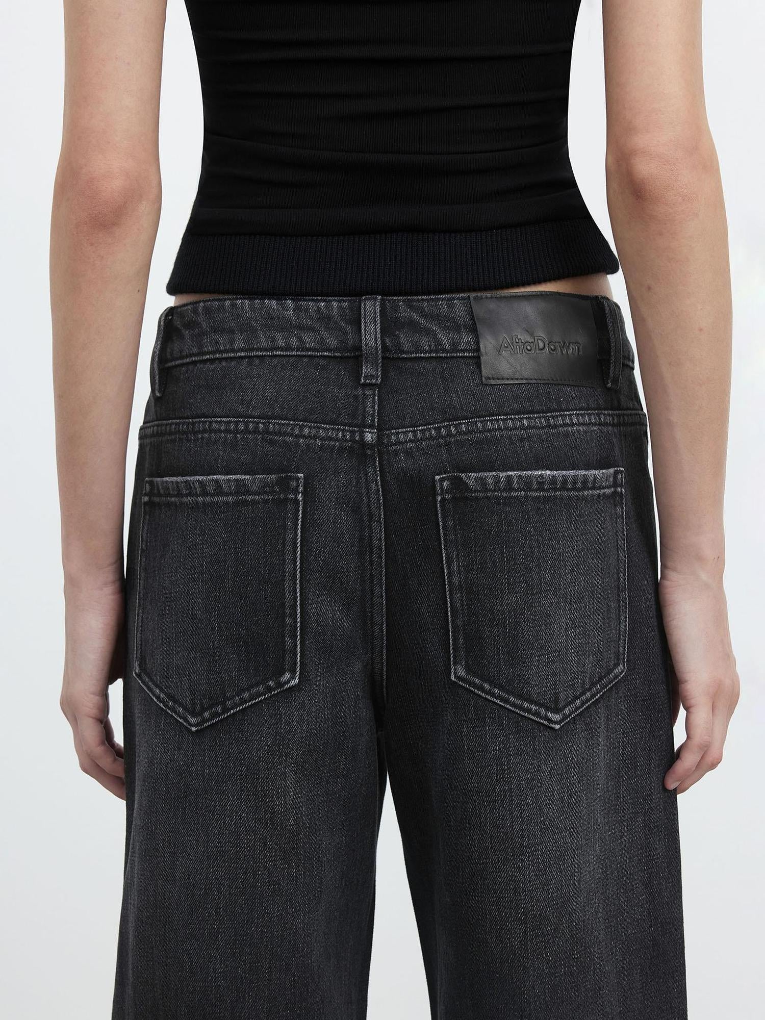 AFTADAWN Vintage Washed Black Wide Leg Denim Jeans