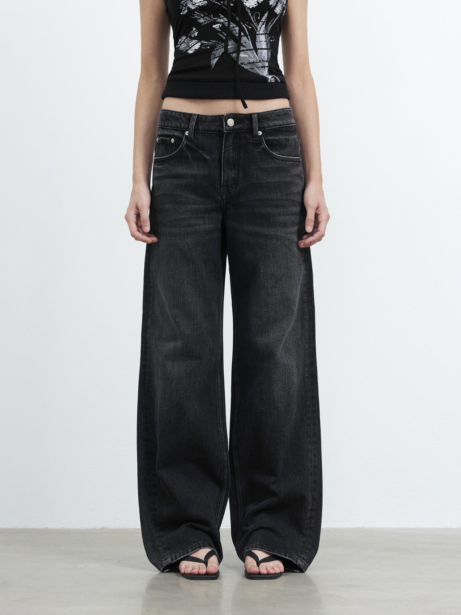AFTADAWN Vintage Washed Black Wide Leg Denim Jeans