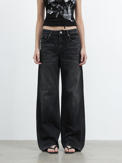 AFTADAWN Vintage Washed Black Wide Leg Denim Jeans