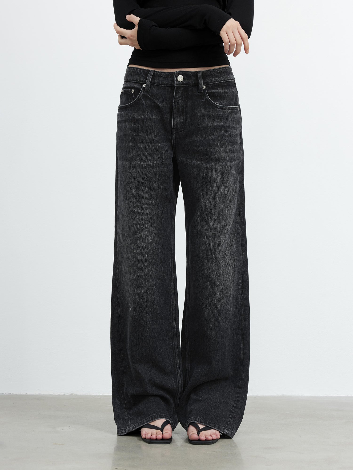 AFTADAWN Vintage Washed Black Wide Leg Denim Jeans