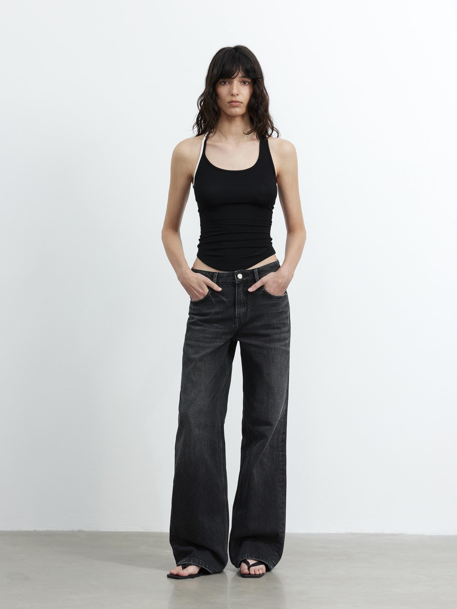 AFTADAWN Vintage Washed Black Wide Leg Denim Jeans