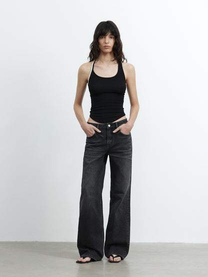 AFTADAWN Vintage Washed Black Wide Leg Denim Jeans