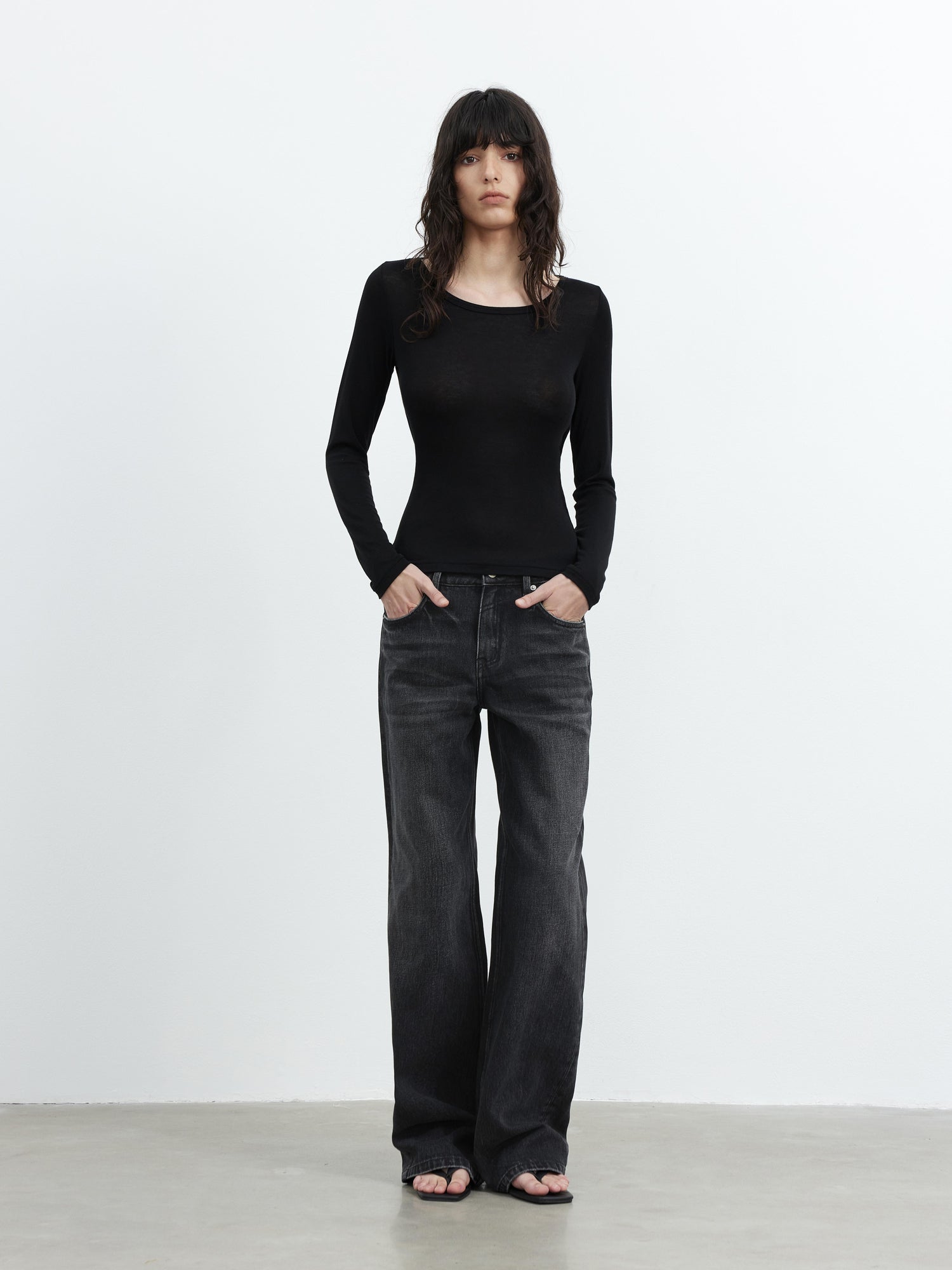 AFTADAWN Vintage Washed Black Wide Leg Denim Jeans