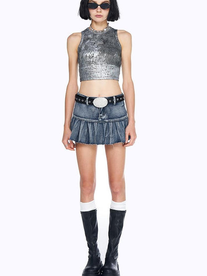 AFTADAWN Vintage Washed Blue High Waist A Line Mini Women&