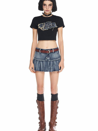 AFTADAWN Vintage Washed Blue High Waist A Line Mini Women&