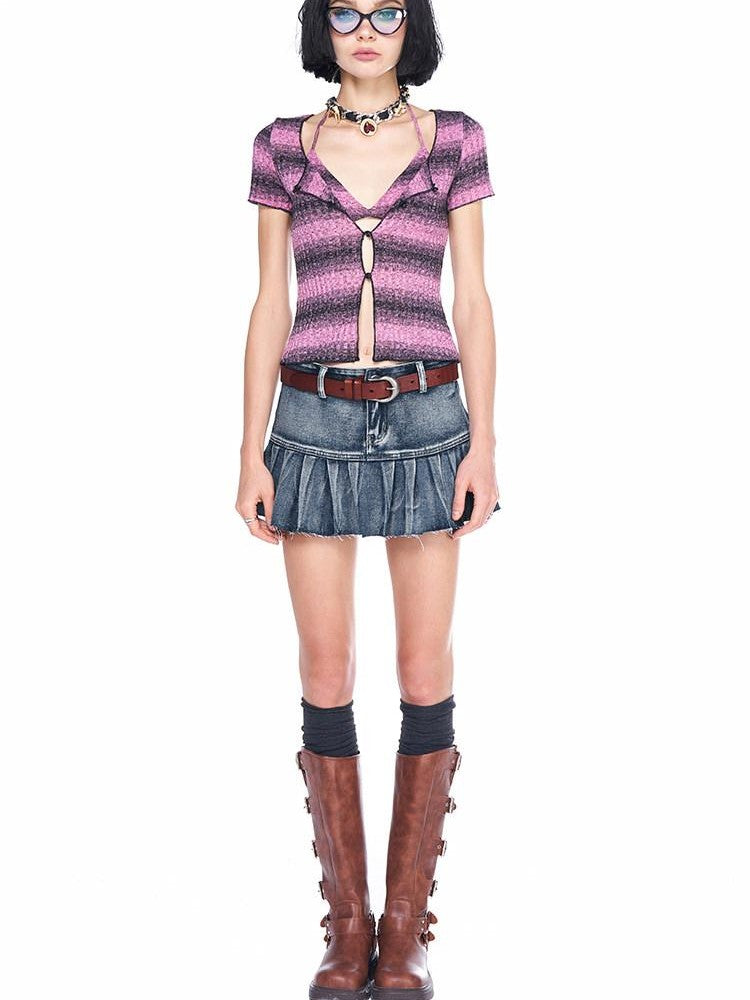 AFTADAWN Vintage Washed Blue High Waist A Line Mini Women&